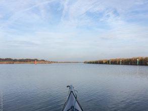 Image of a person fishing in the tranquil waters of River Martham, surrounded by lush greenery and clear blue skies."