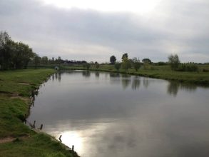 View of Hall Farm Lakes in Norfolk. A peaceful lake surrounded by trees with fishing equipment and a bench in the foreground.