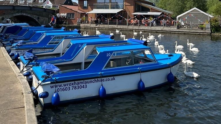 An image of a brightly colored day boat on the tranquil waters of Wroxham, surrounded by lush greenery. The boat features fishing equipment, with anglers enjoying a peaceful day of fishing under the clear blue sky.